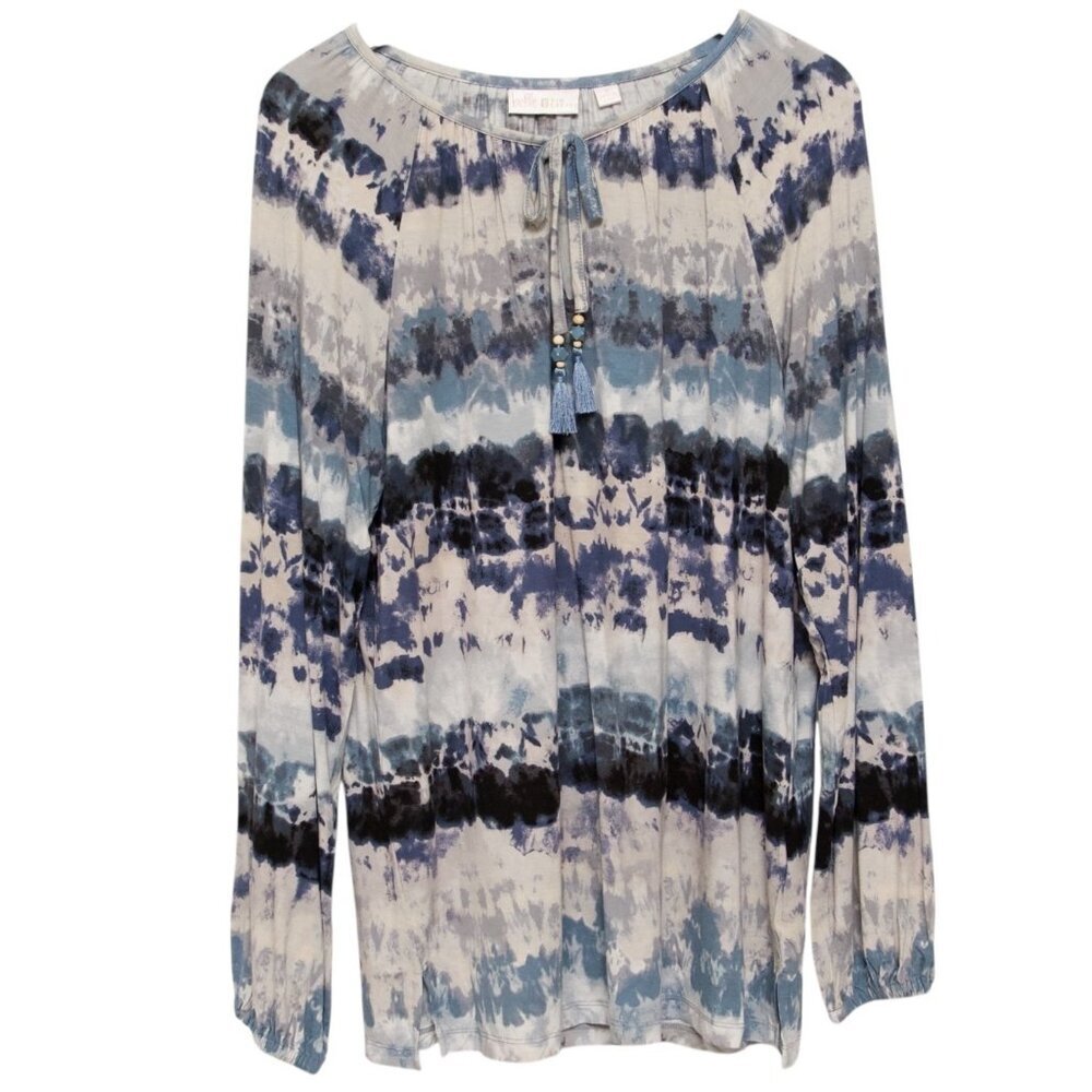 BELLE Kim Gravel Peasant Top Medium Womens Stretch Blue Gray Tie Dye Tassels